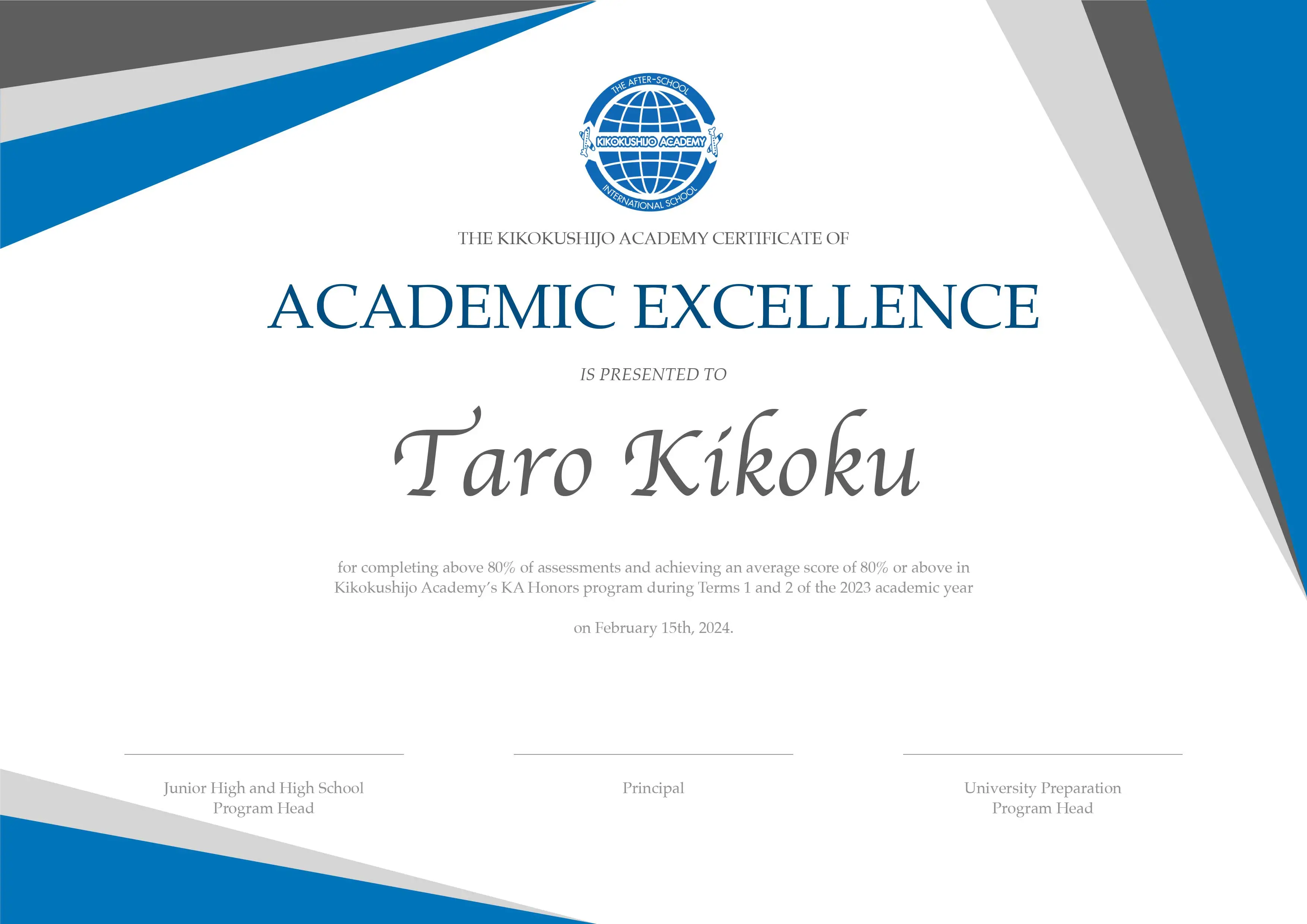KA Honors Certificate